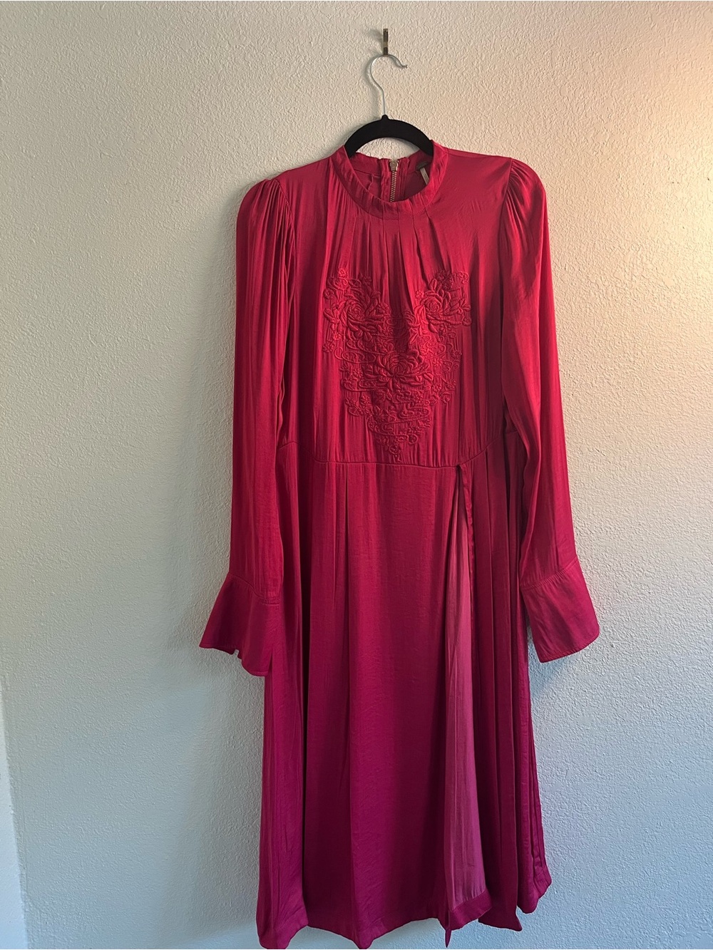 Free People Women's Hot Pink Long-Sleeve Embroidered Midi Dress With Long Slit